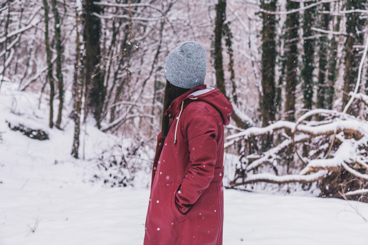 Person wearing winter coat in snowy environment