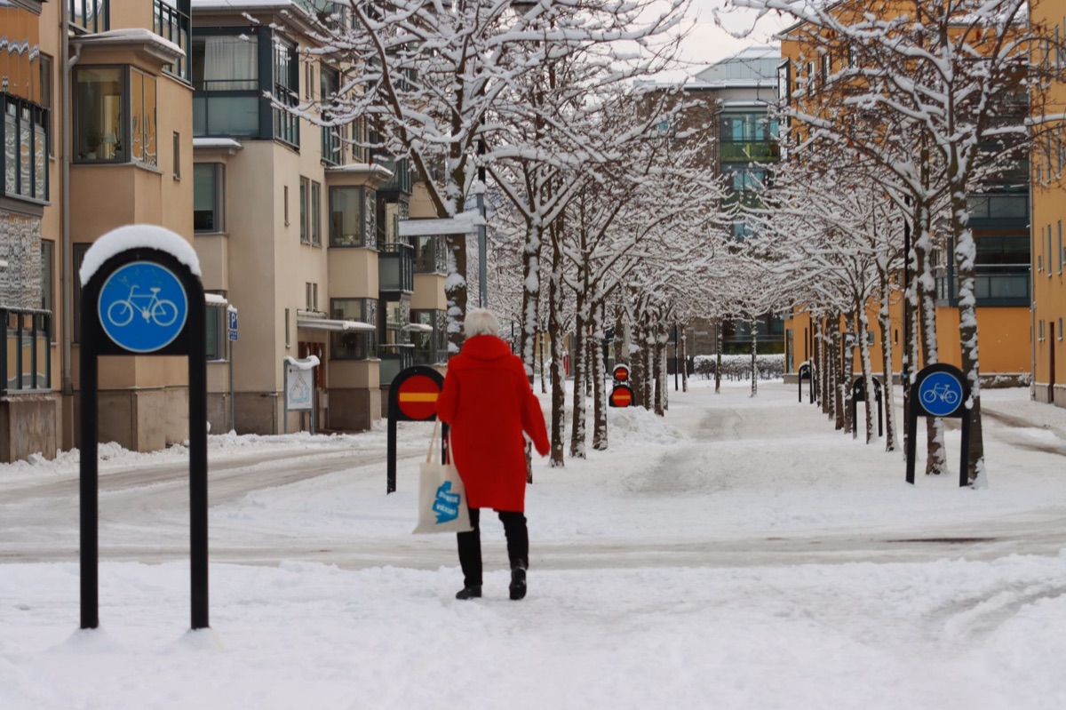 Winter clothing on snowy street