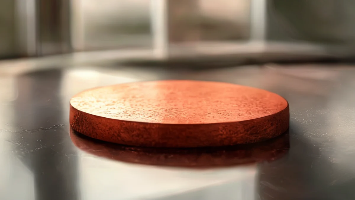 Un disco di rame con una superficie liscia e un brillante metallico.