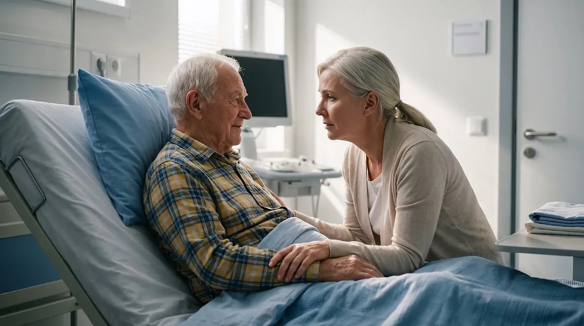 hospital, patient, visit, support, comfort, illness, recovery, elderly, bedside, care, love, health, medical, holding, hands, ward, senior, empathy, family, com